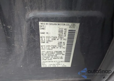 2011 Nissan Pathfinder S z USA, uszkodzony, nr VIN 5N1AR1NN3BC627180